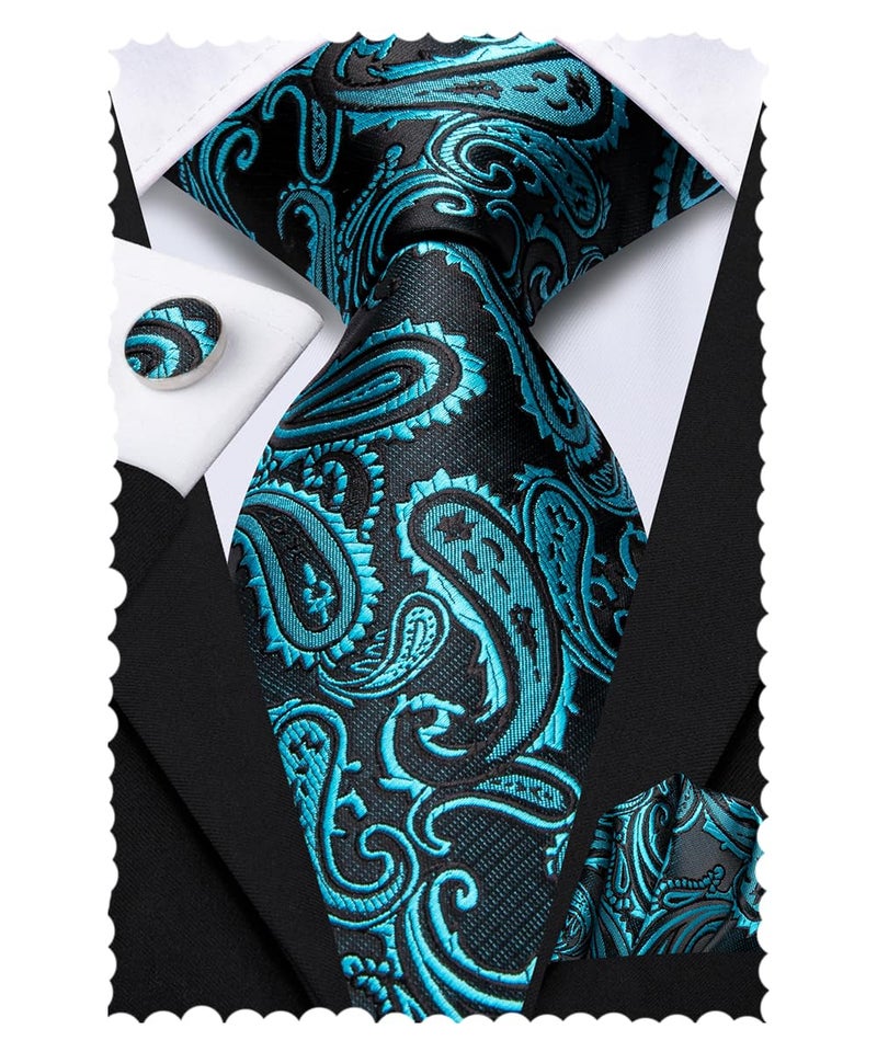 Hi-Tie Silk Paisley Ties for Men Necktie Pocket Square Cufflinks Set Foral Tie Sets Formal Business,Teal - Image 1